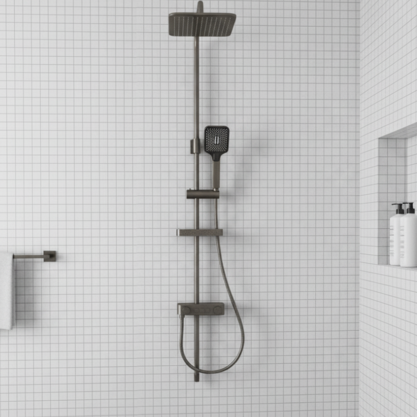 Ducha regadera para baño de cobre gris oscuro metalizado mate con cabezal cuadrado y grifería multifuncional moderna 110x30cm Set.