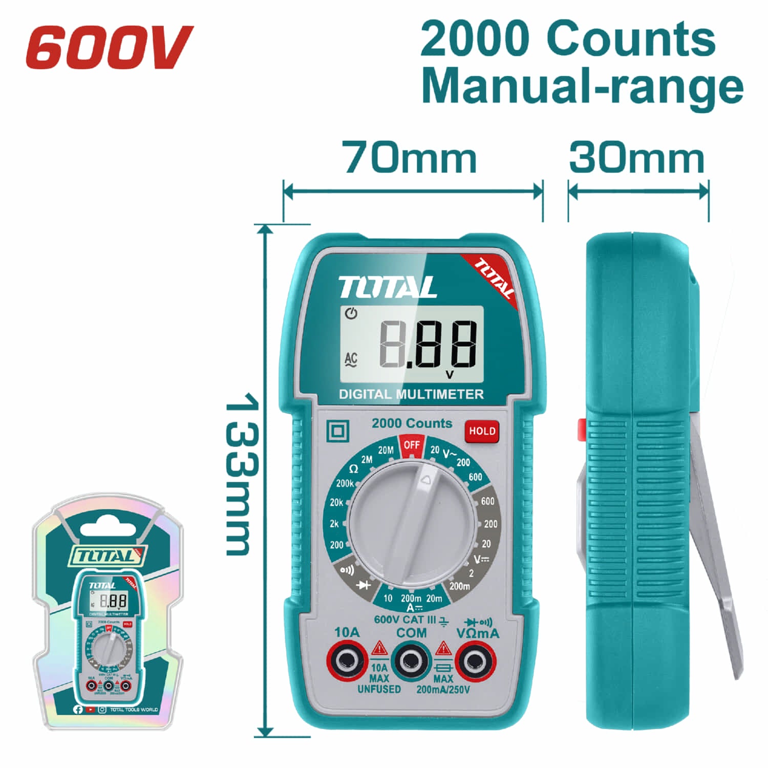 Multimetro Digital 2000 Counts RMS. Detección De Voltaje Sin Contacto. Rango manual.