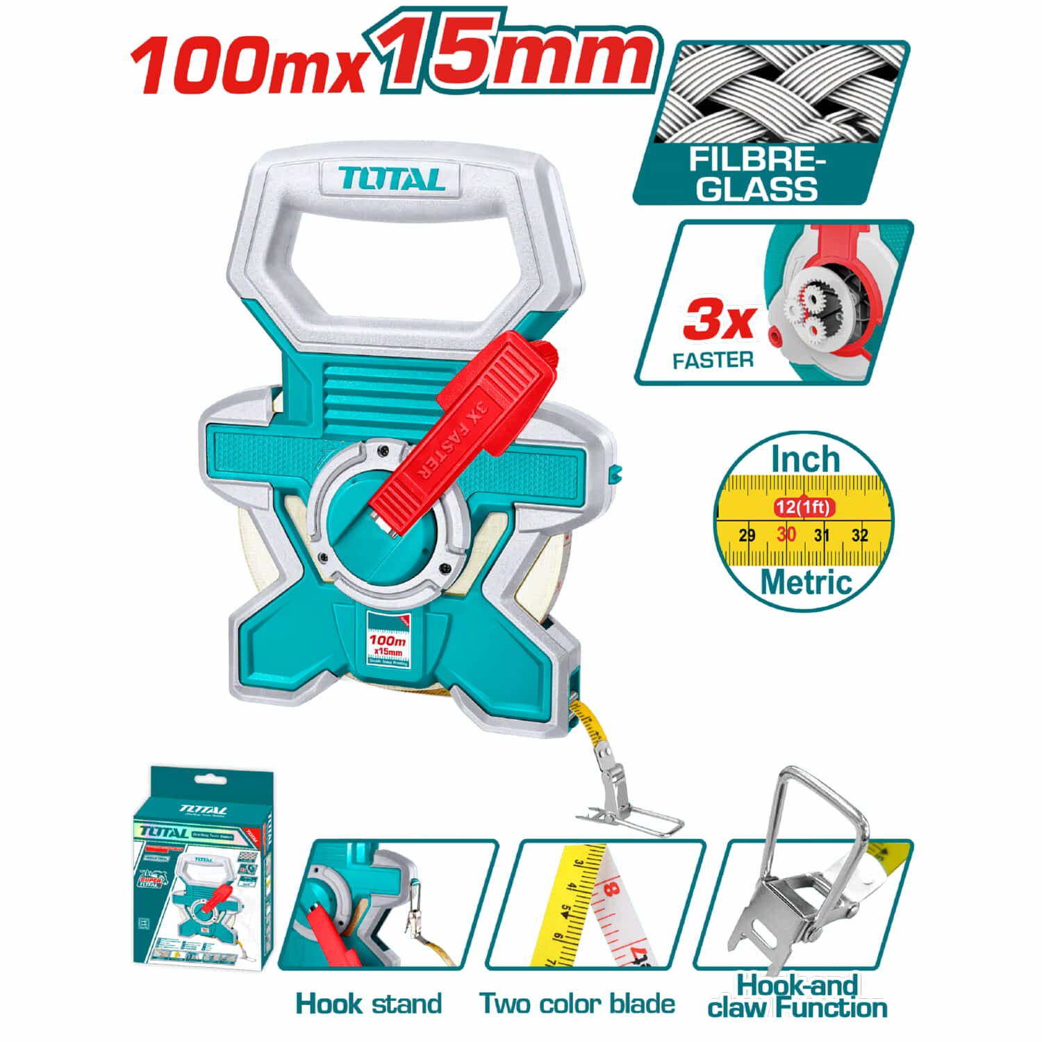 Cinta Métrica de Fibra de Vidrio 100m x 15mm con Engranaje 3:1 y Mango Ergonómico