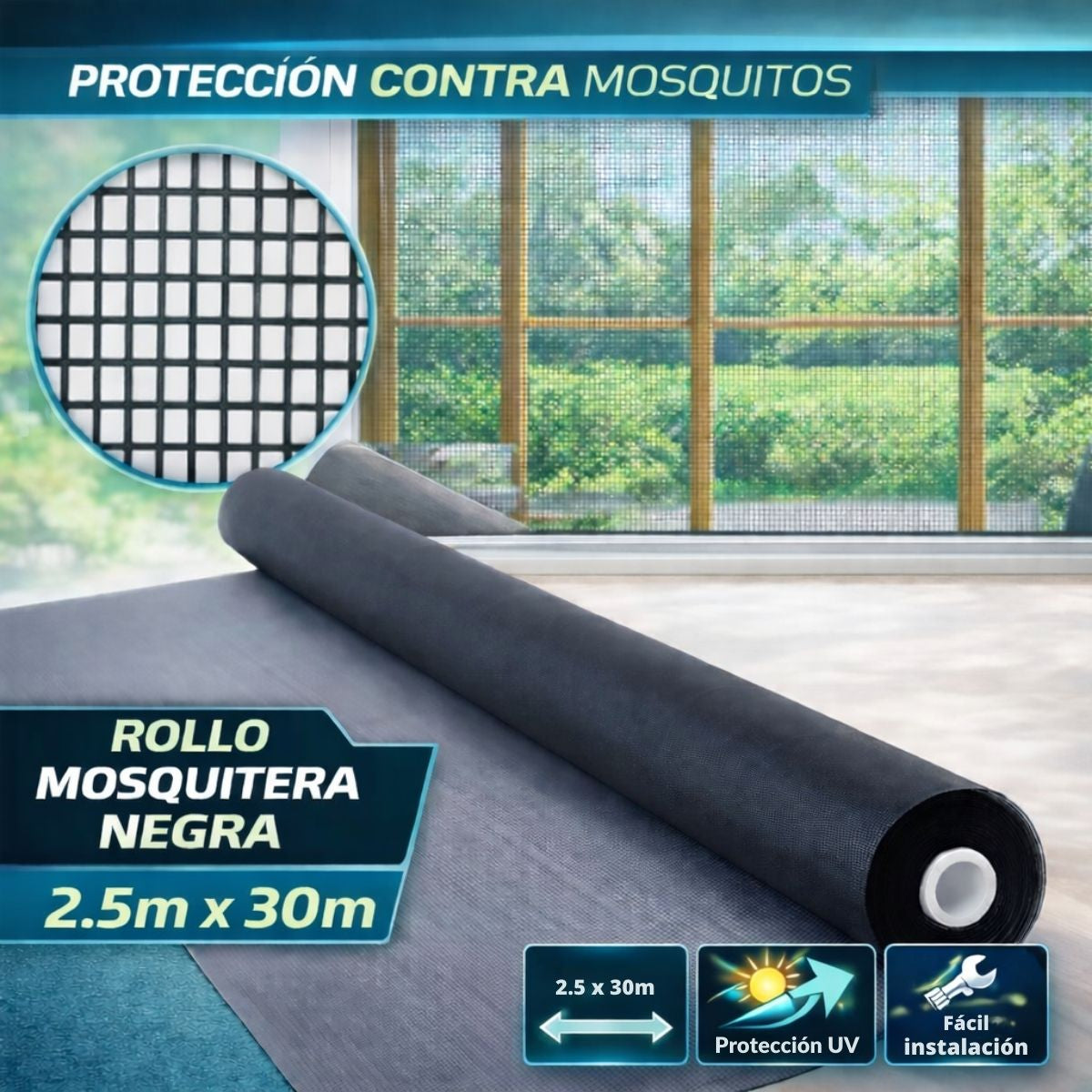 Rollo mosquitera negra 2.5mts x30mts largo malla 18x18 anti-UV PP+PE resistente para ventanas y puertas
