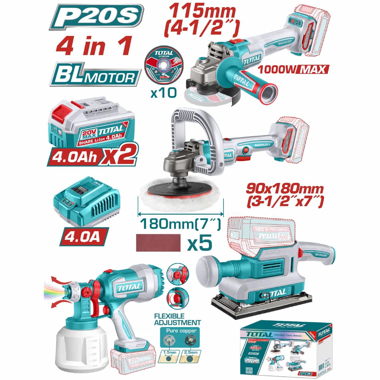 Combo del mes Total Inalámbrico. Esmeriladora angular 1000 W 4-1/2'', Pulidora inalámbrica 5/8''-11UNC, Lijadora 13000 rpm Pistola de Pintura 800ml Incluye cargador y baterías. POCAS UNIDADES.