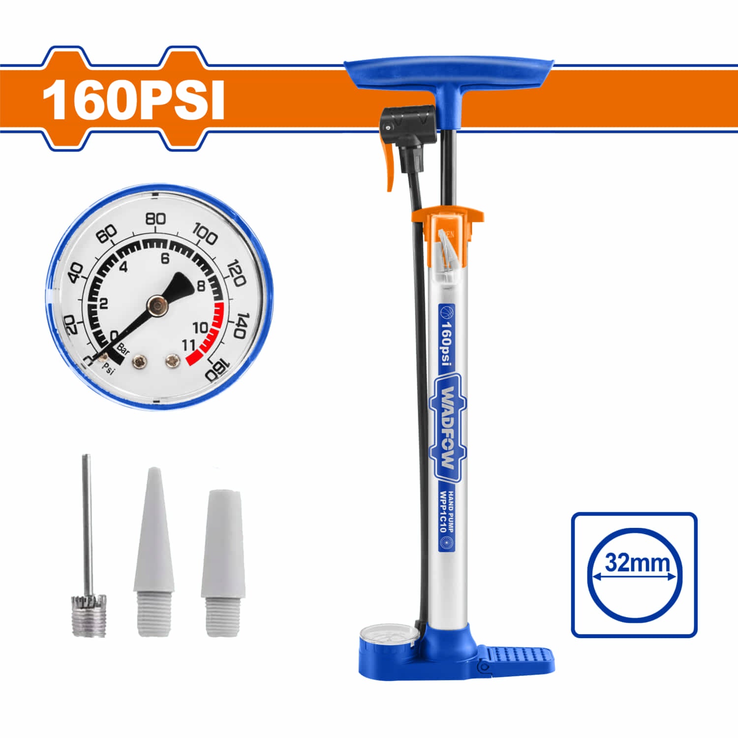 Bomba de Aire para Inflar 160 Psi Φ30*390mm, Compatible con Schrader, Presta, Dunlop. Mango de plástico. Tubo de Acero. Bomba de mano.