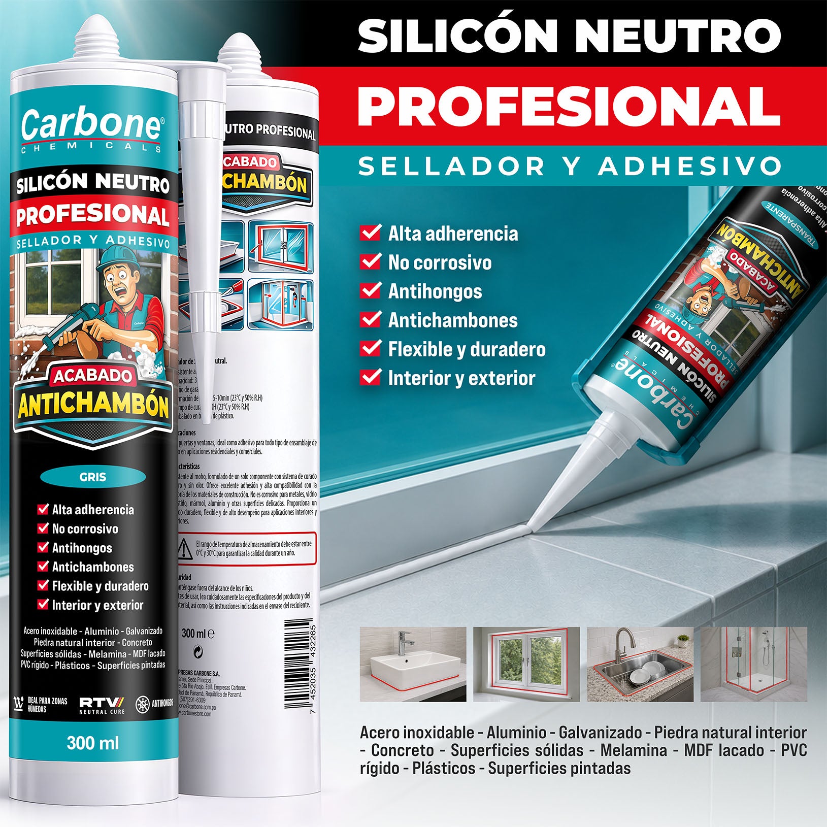 Silicón Neutro Gris Multipropósito Resistente a rayos UV 300 ml Calidad Profesional. Sellador Silicona.
