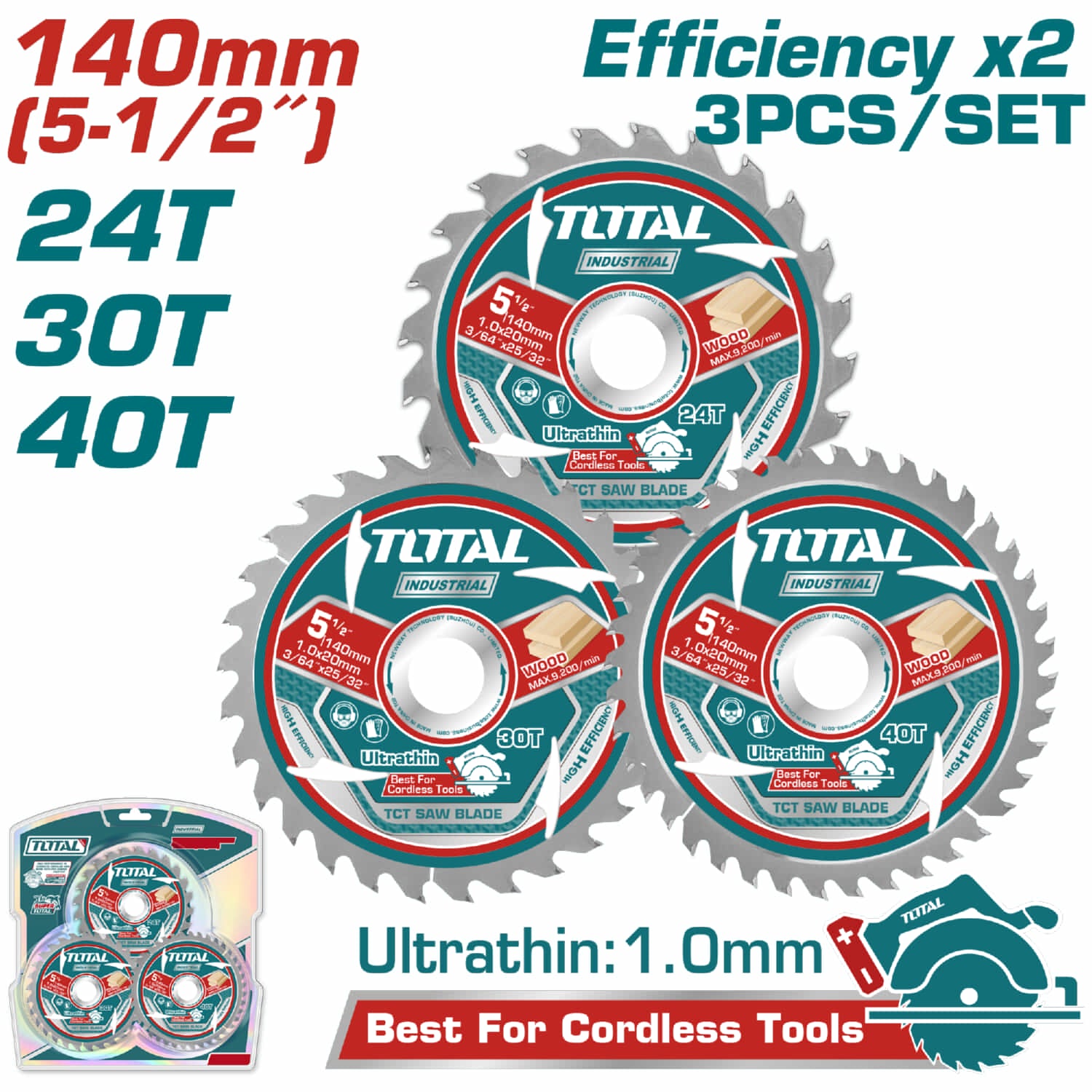 Discos 5 1/2" Sierra Ultra Fina 1.0mm TCT 140mm 24T 30T 40T Set de 3 piezas. Ideal para sierra circular. Uso Madera.