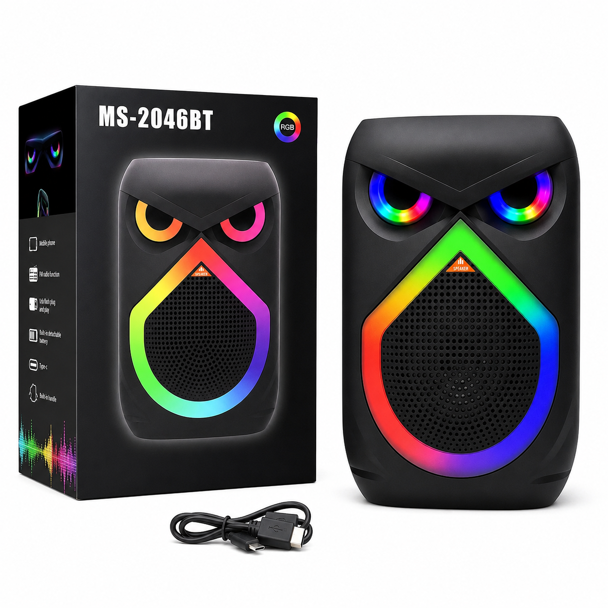 Bocina Bluetooth Portátil Con Luces LED RGB. Puerto USB-C. Batería Recargable. 12W. Speaker 26x38x23.5 cm