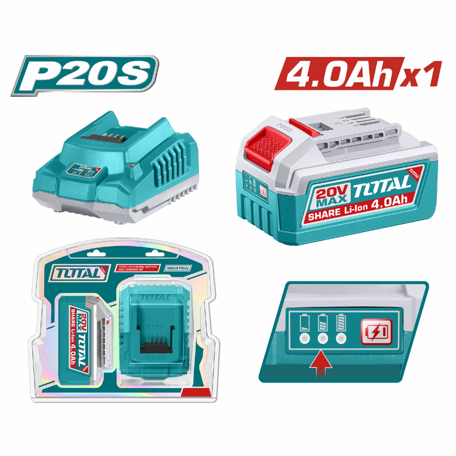 Batería 4.0Ah Indicador LED y Cargador 20V Salida 2A. Se vende en par. Compatible con Herramientas P20S