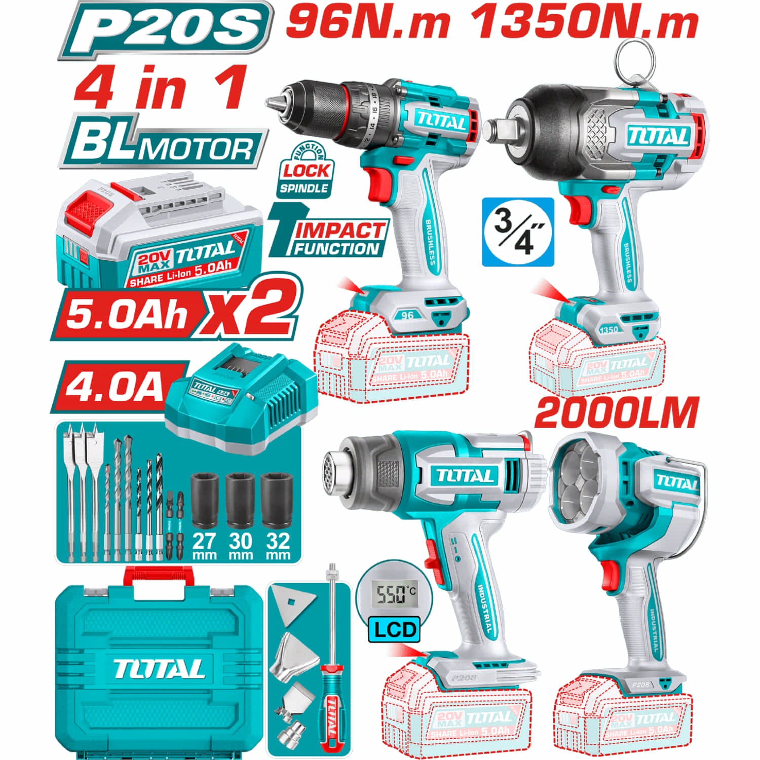 Combo del mes Total Inalámbrico. Taladro percutor 96Nm, Lámpara de trabajo 22.5W, Pistola de calor 30-550°C Llave de impacto 1350nm 3/4" Incluye cargador, baterías y accesorios.POCAS UNIDADES.