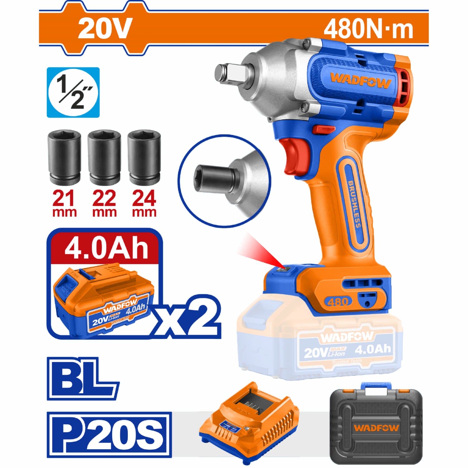 Llave Impacto Dado Cuadrado 1/2" 20V 480Nm. Motor sin escobillas. Incluye 2 Baterías 4.0Ah, cargador, sockets y maletín.