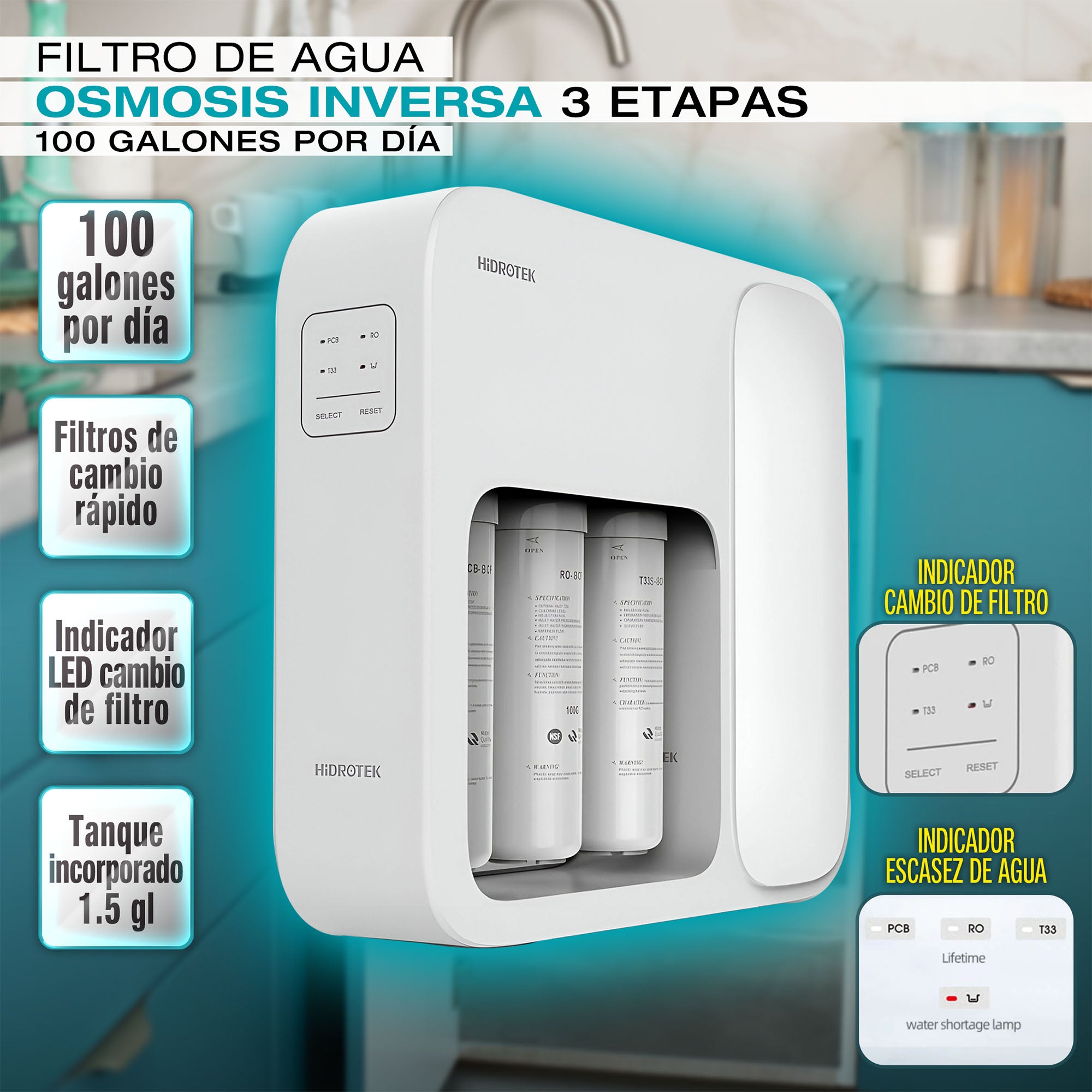 Filtro de agua con Osmosis Inversa de 3 etapas con tanque integrado de 100 galones por día