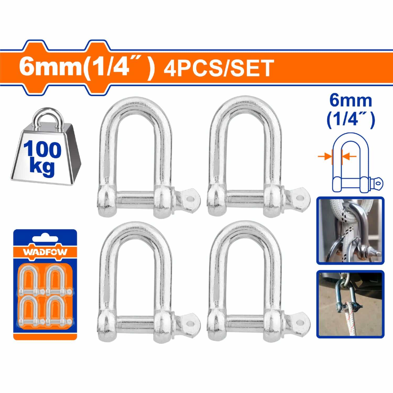 Grilletes de tornillo tipo D 1/4" Capac. 100Kg Set de 4 pzas. Grillete de perno