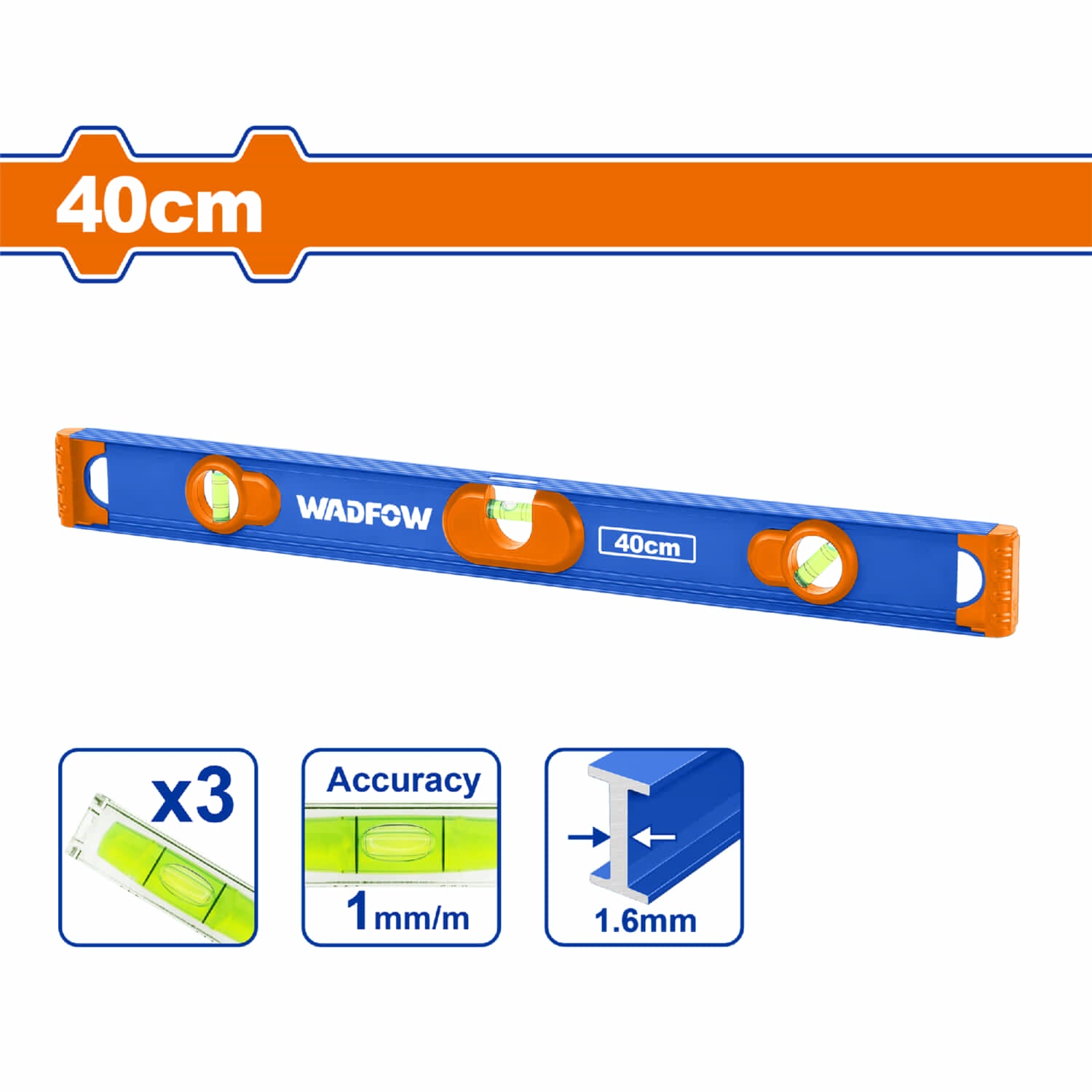 Nivel de Burbuja 40cm. Aluminio. Espesor: 1.6mm. Con imán. 3 niveles. 90° 180° 45°