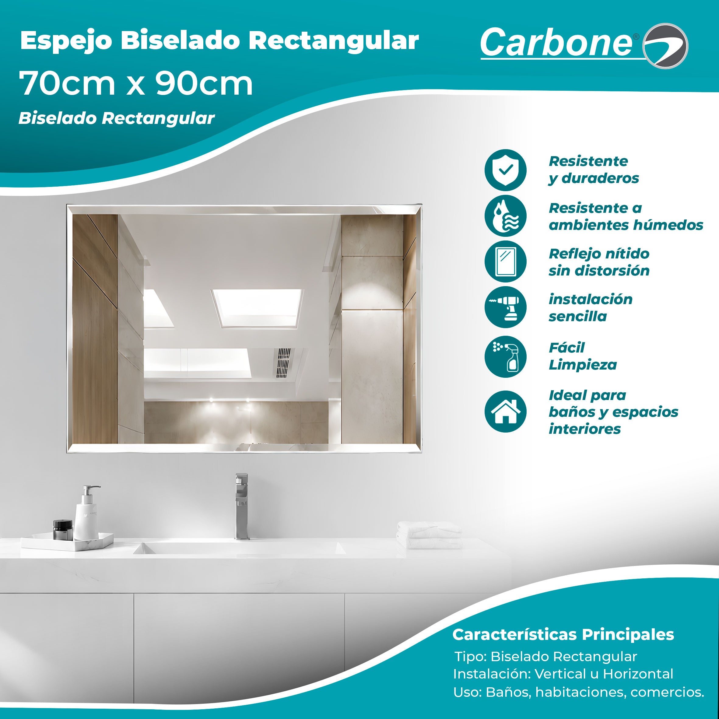 Espejo Biselado rectangular 70 cm X 90 cm instalación Vertical y Horizontal