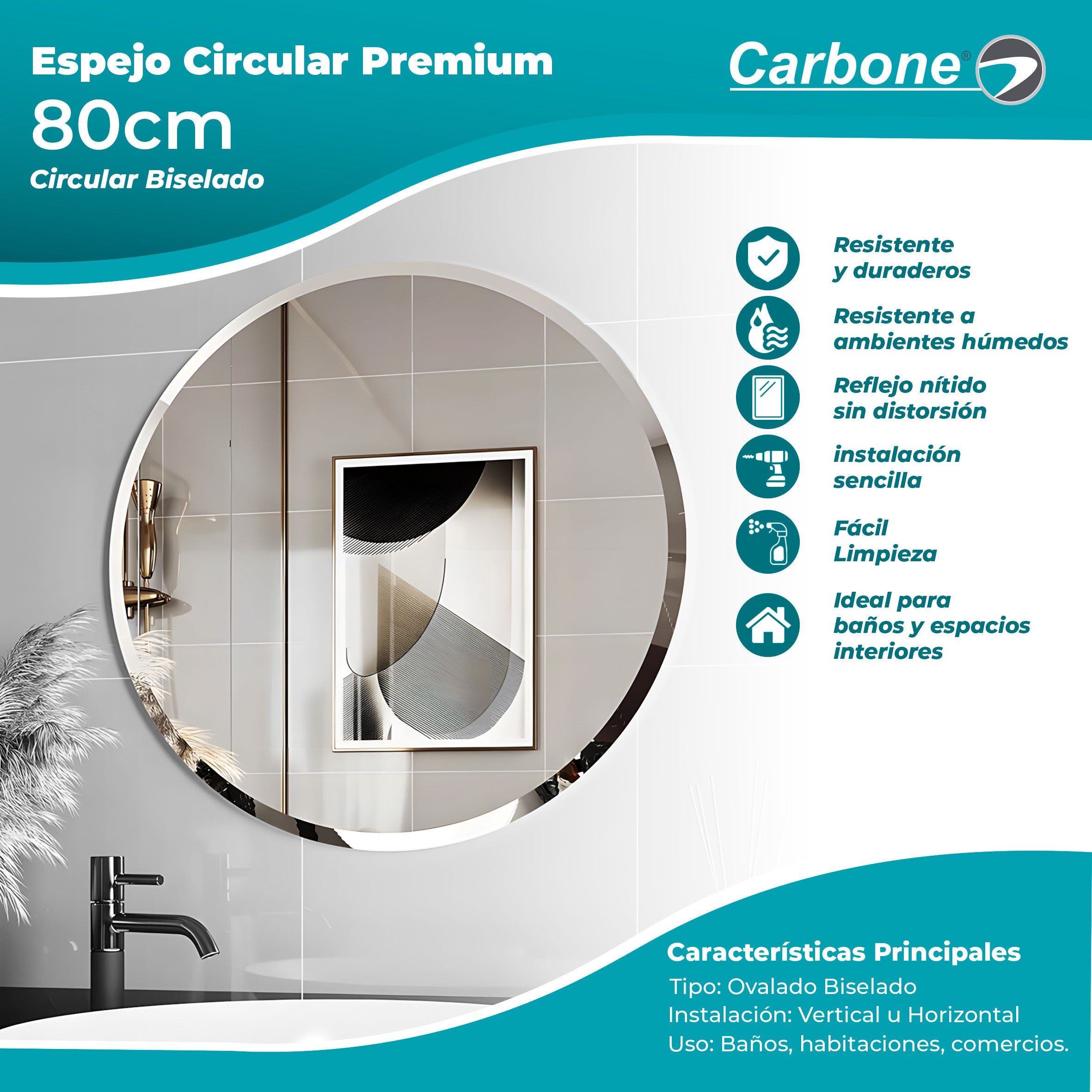 Espejo Biselado Circular Diametro 80 cm
