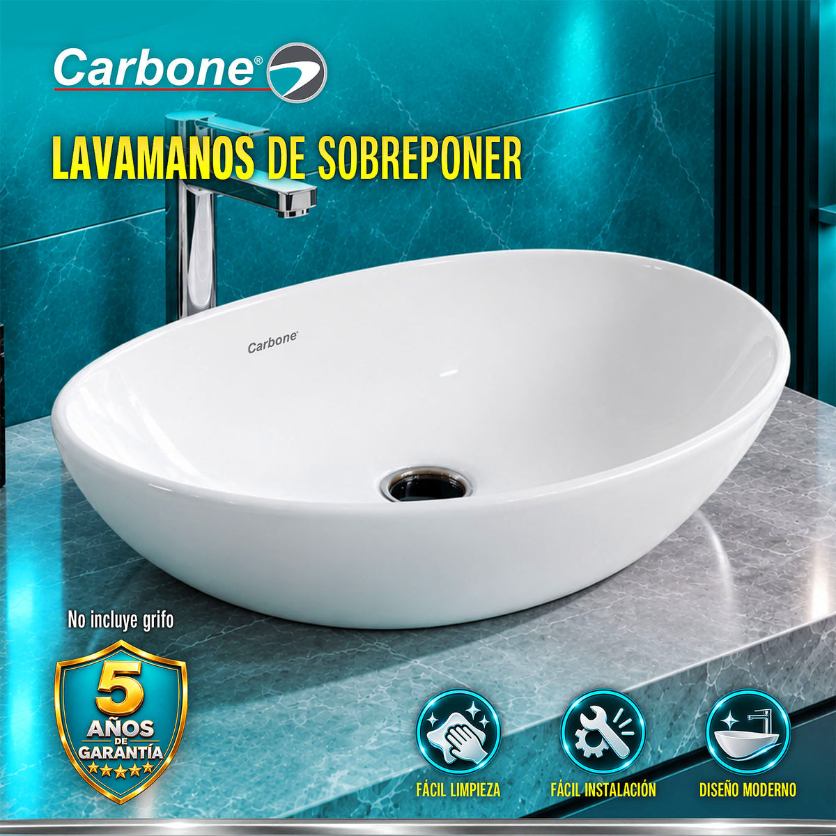 Lavamanos de Sobreponer Ovalado Cerámica Sanitaria Premium, Diseño Moderno 410X340X145mm