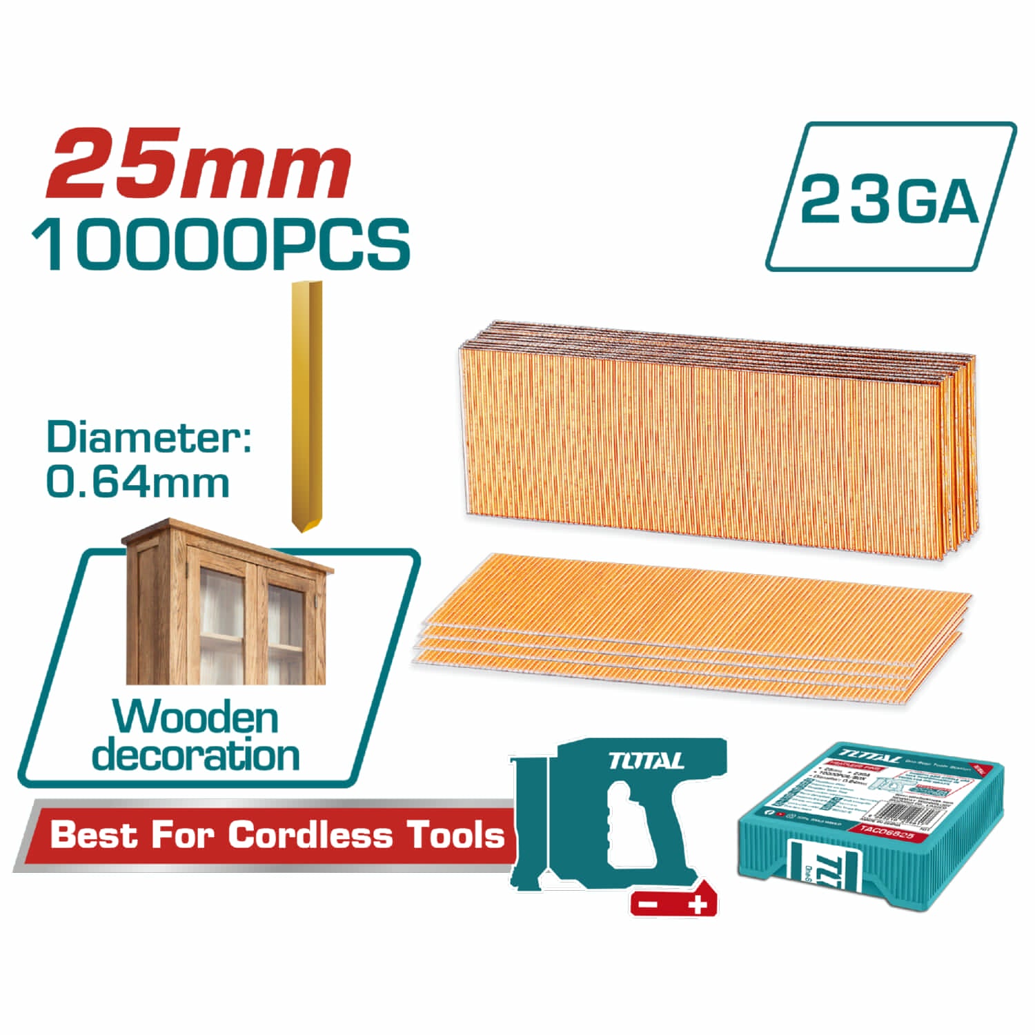 Pines sin Cabeza 25mm - 10000 Pzas. 23GA Ideal para Clavadora TCBNLI3606