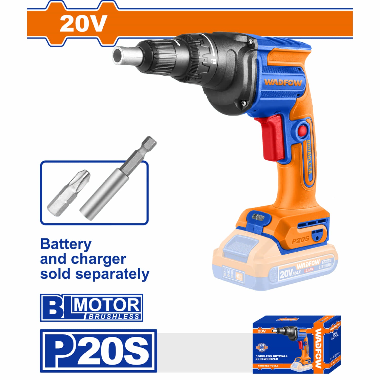 Drill para Drywall destornillador inalámbrico 20V 1/4" para gypsum. Veloc sin carga: 4200 rpm Incluye Punta y Conector. Taladro Batería y cargador por separado.