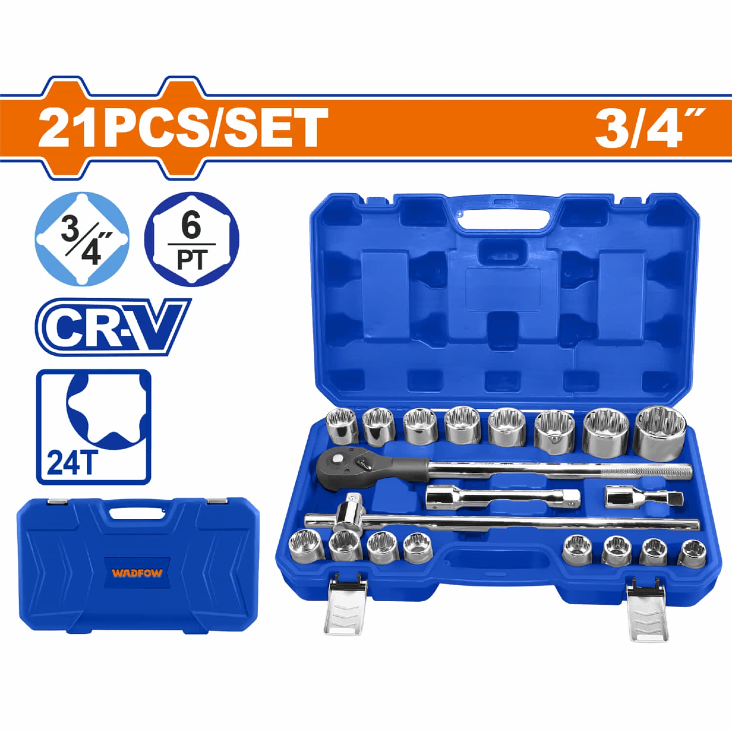 Dados Socket de 3/4" 21 piezas 24 dientes Cr-V Cromado de Tratamiento Térmico. Se vende en Juego Set