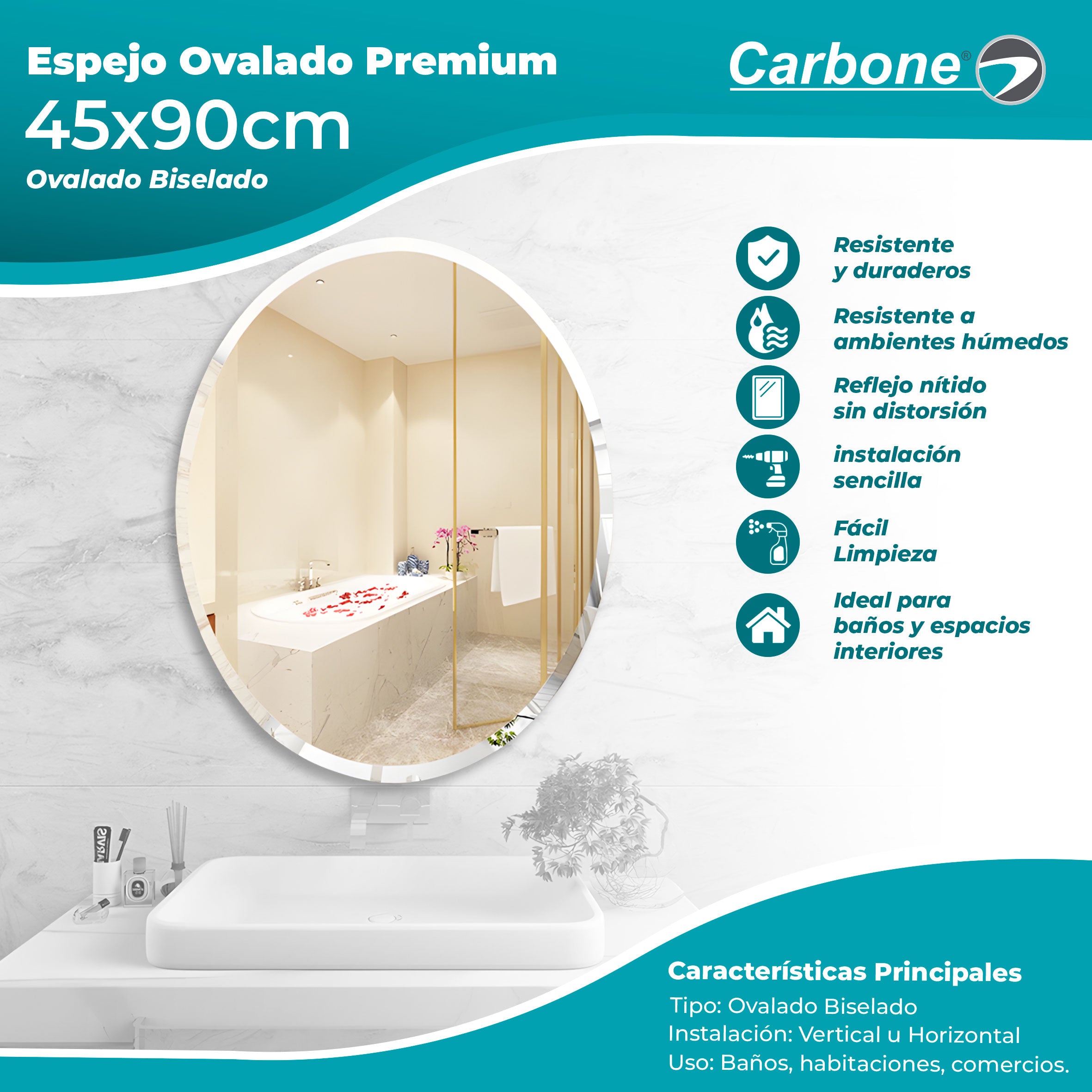 Espejo Ovalado Biselado 45 cm x 90 cm