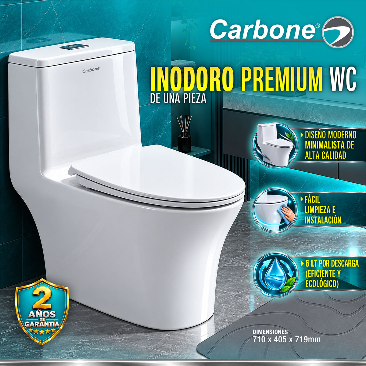 Inodoro WC de Una Pieza Premium Diseño Moderno Minimalista, Alta Calidad y Fácil Limpieza e instalación