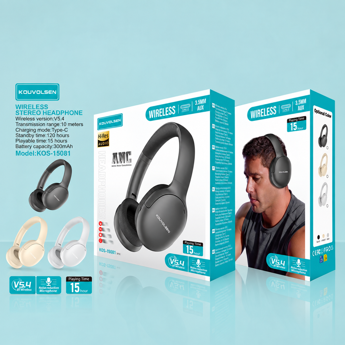 Audífonos Inalámbricos Bluetooth con Cancelación de Ruido ANC. Auriculares Hi-Res Audio. Cascos Estéreo con Micrófono. Color negro.