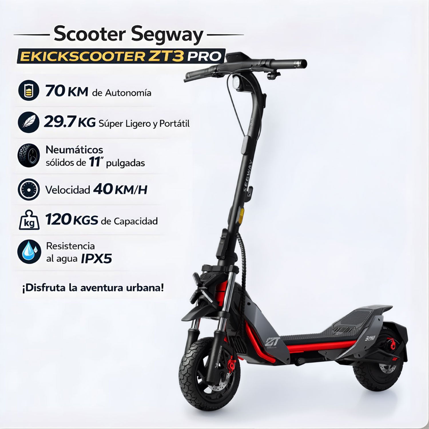 Scooter Segway eKickScooter ZT3 Pro Monopatín. Autonomía 70 Km.