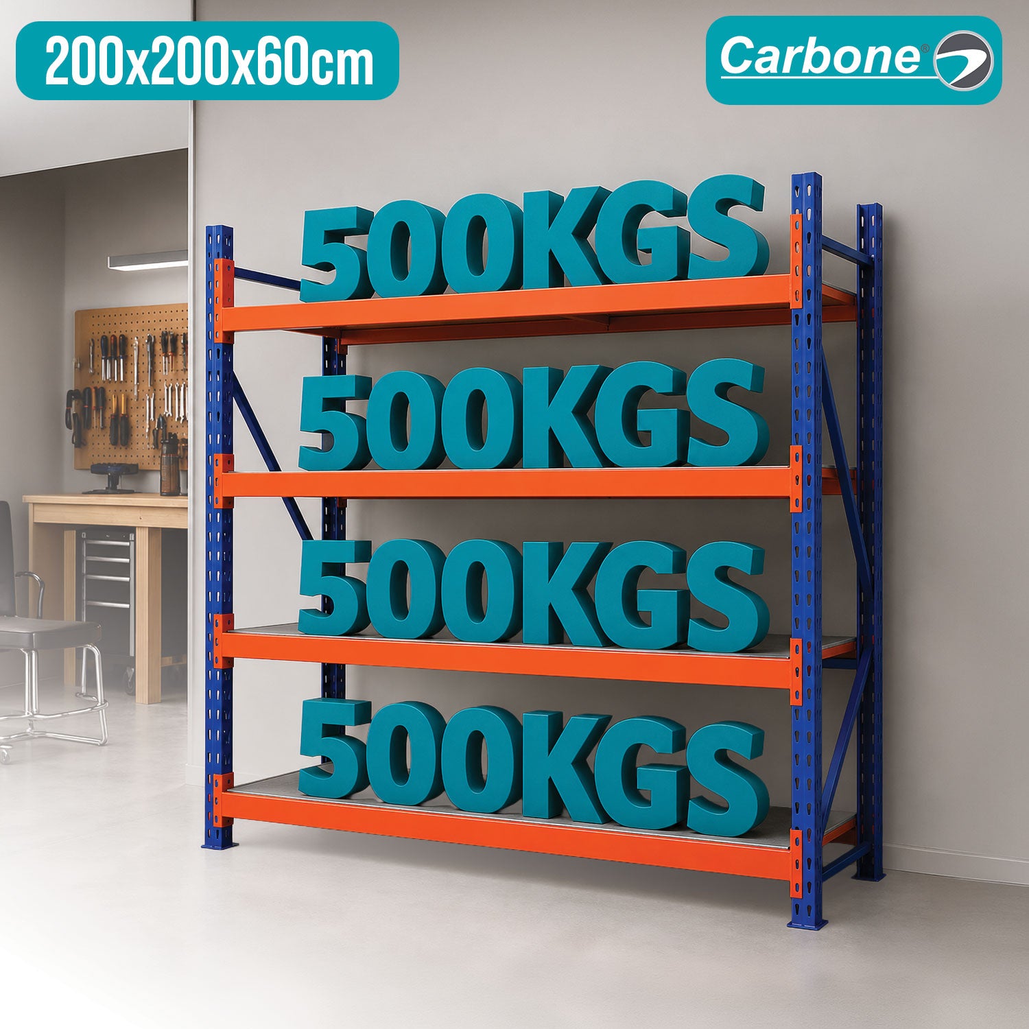 Estantería Metálica Industrial de 4 Niveles (200x200x60cm). Estante Rack de Almacenamiento Reforzado con Capacidad de 500Kg por Nivel.