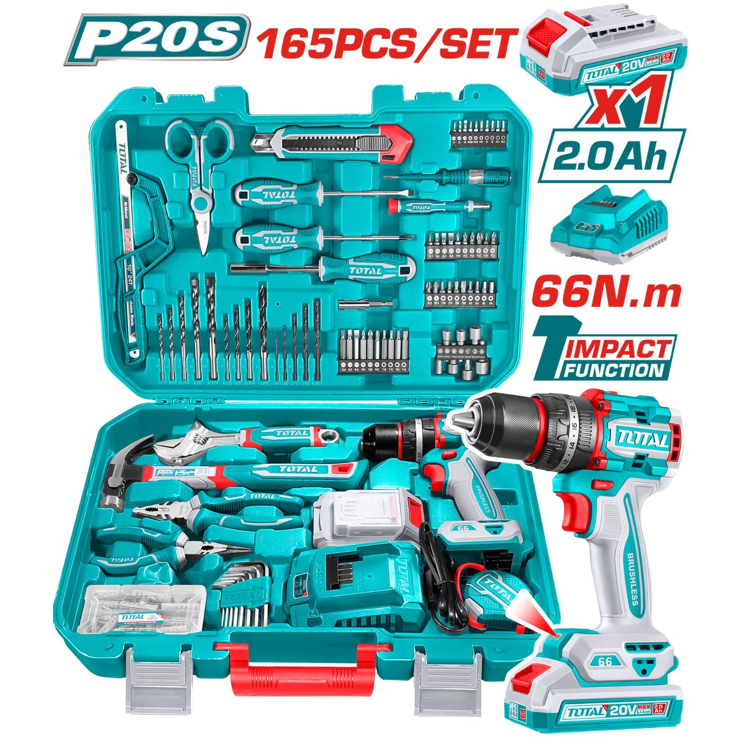 Drill Taladro Inalámbrico de 20V con set de 165 piezas de herramientas varias. Incluye batería y cargador. Juego de herramientas en maletin