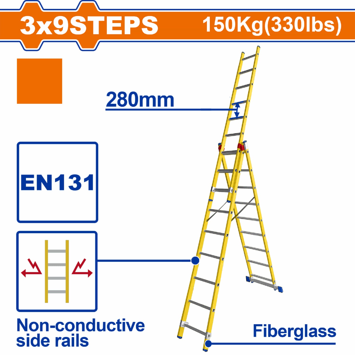 Escalera De Tijera Extensible Fibra de Vidrio Escalones 3X9 Carga Máxima: 150Kg. Altura Escalon: 280mm.