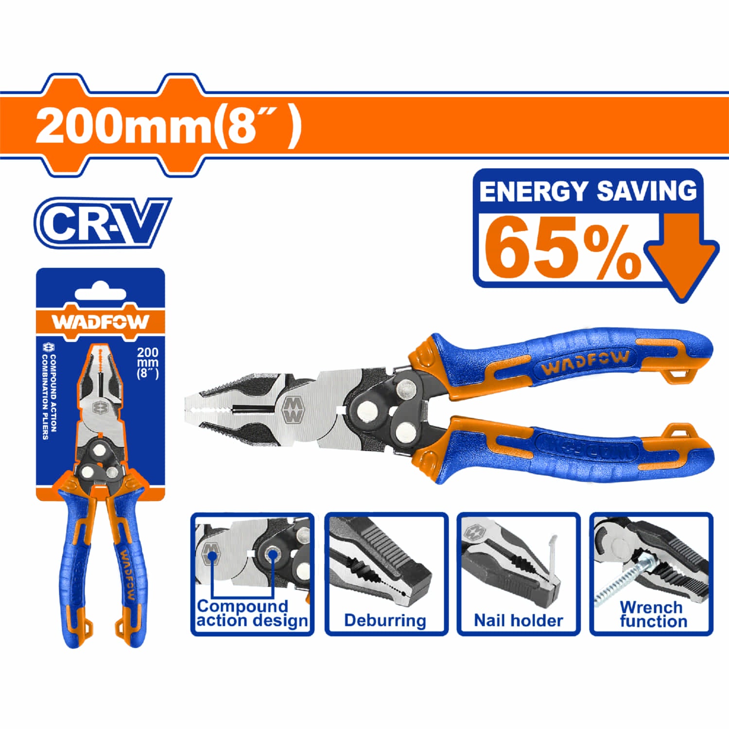 Alicate de combinación acción compuesta 8" Cr-V. 65% ahorro de energía. Mango ergonómico. Pinza