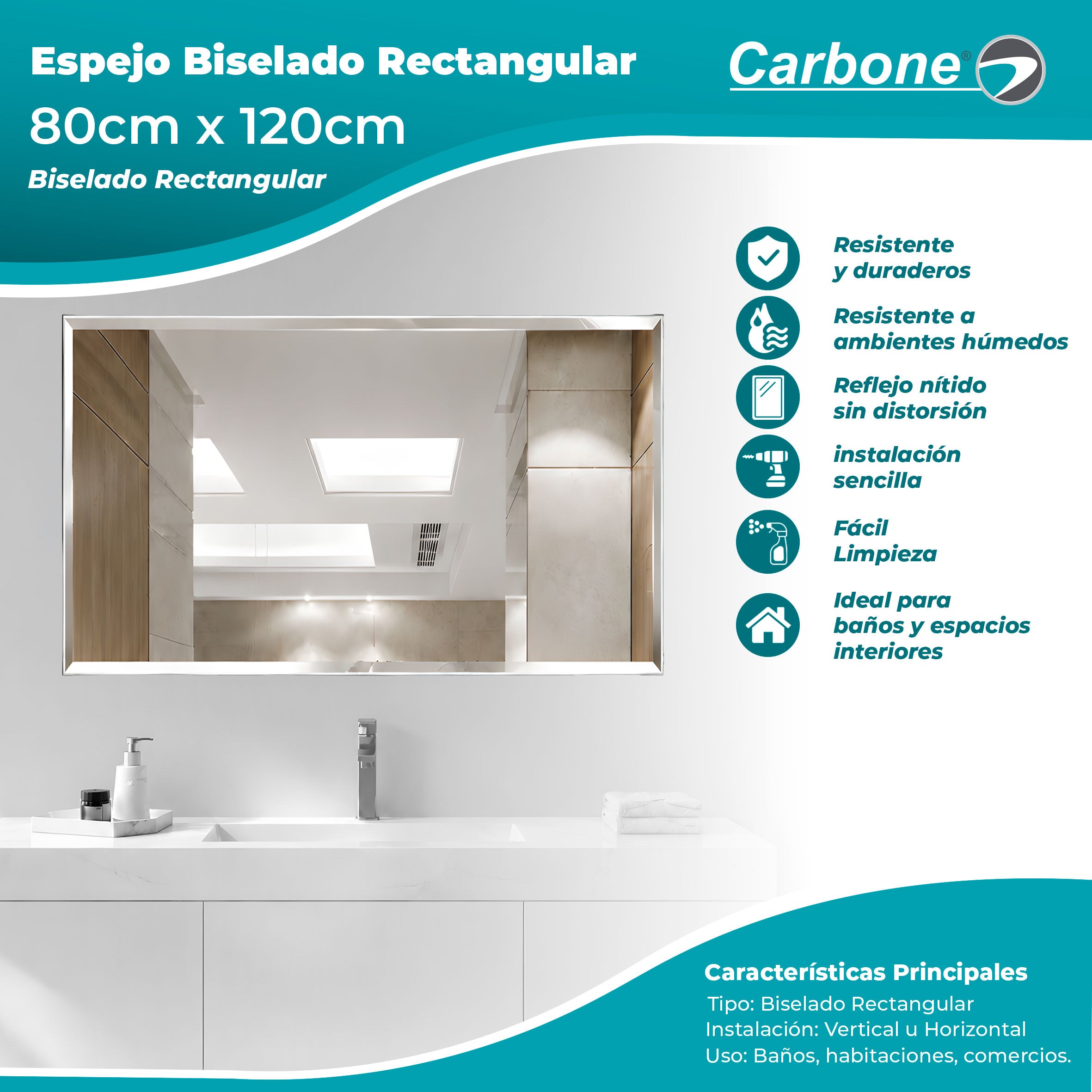 Espejo Biselado rectangular 80 cm X 120 cm instalación Vertical y Horizontal