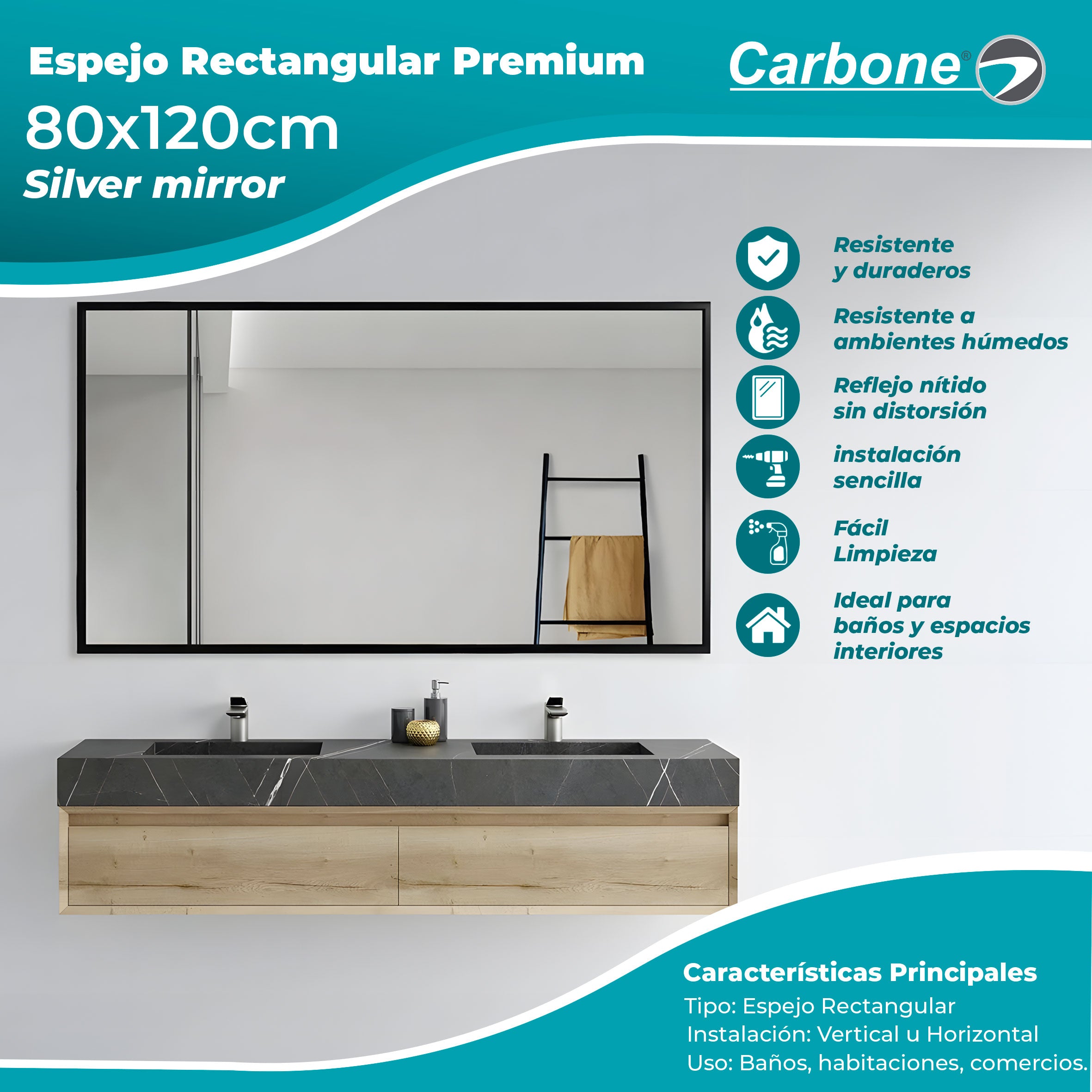 Espejo rectangular Marco Negro 80 cm X 120 cm instalación Vertical y Horizontal