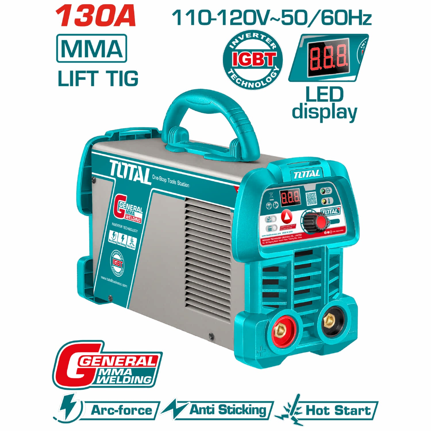 Máquina de Soldar Inverter 130A Modelo medium duty 45% ciclo de trabajo 110-120V. LED Display