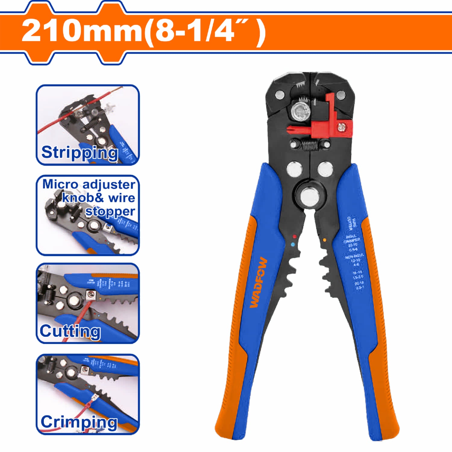 Crimpadora de enchufe modular 3 en 1 Engarzado, Pelado, Corte, Longitud: 8"-1/4" Mango de PVC de diseño único. Rango de pelado de cables: 10AWG~24AWG (0.2~6 mm²) Alicate para cables.