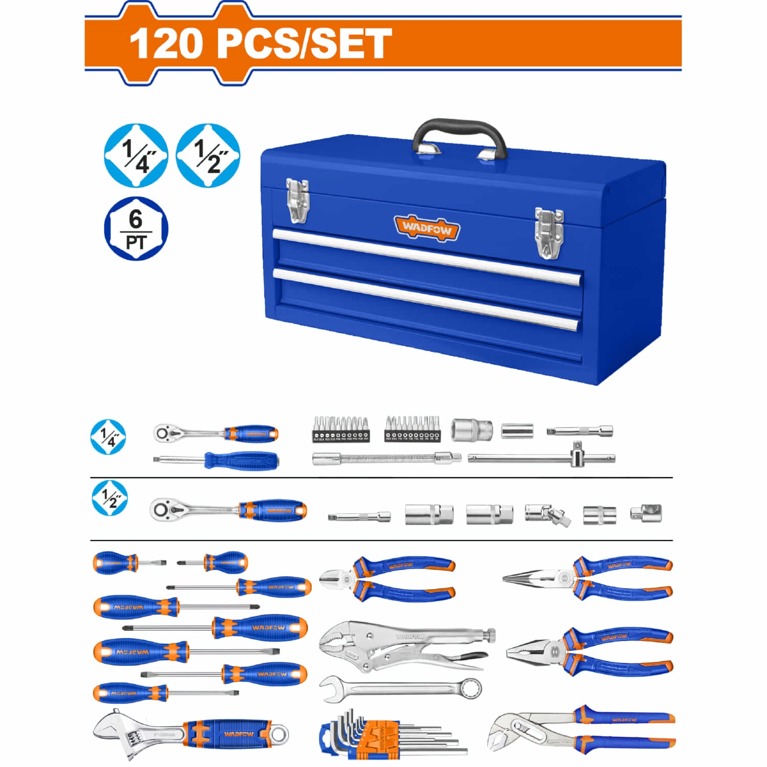 Caja de Herramientas metalica 2 niveles 120 piezas con llaves, dados y alicates. SET