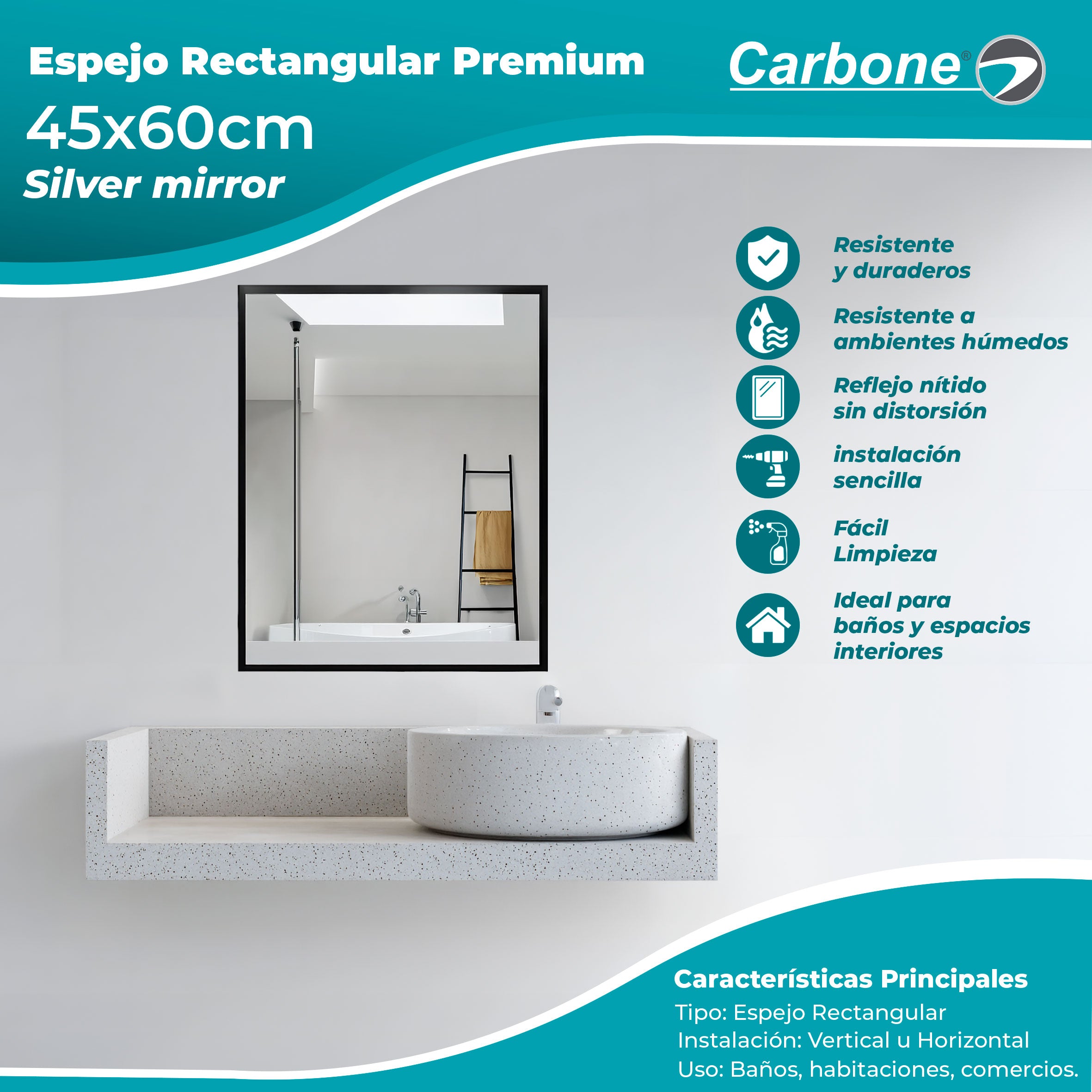 Espejo rectangular Marco Negro 45 cm X 60 cm instalación Vertical y Horizontal