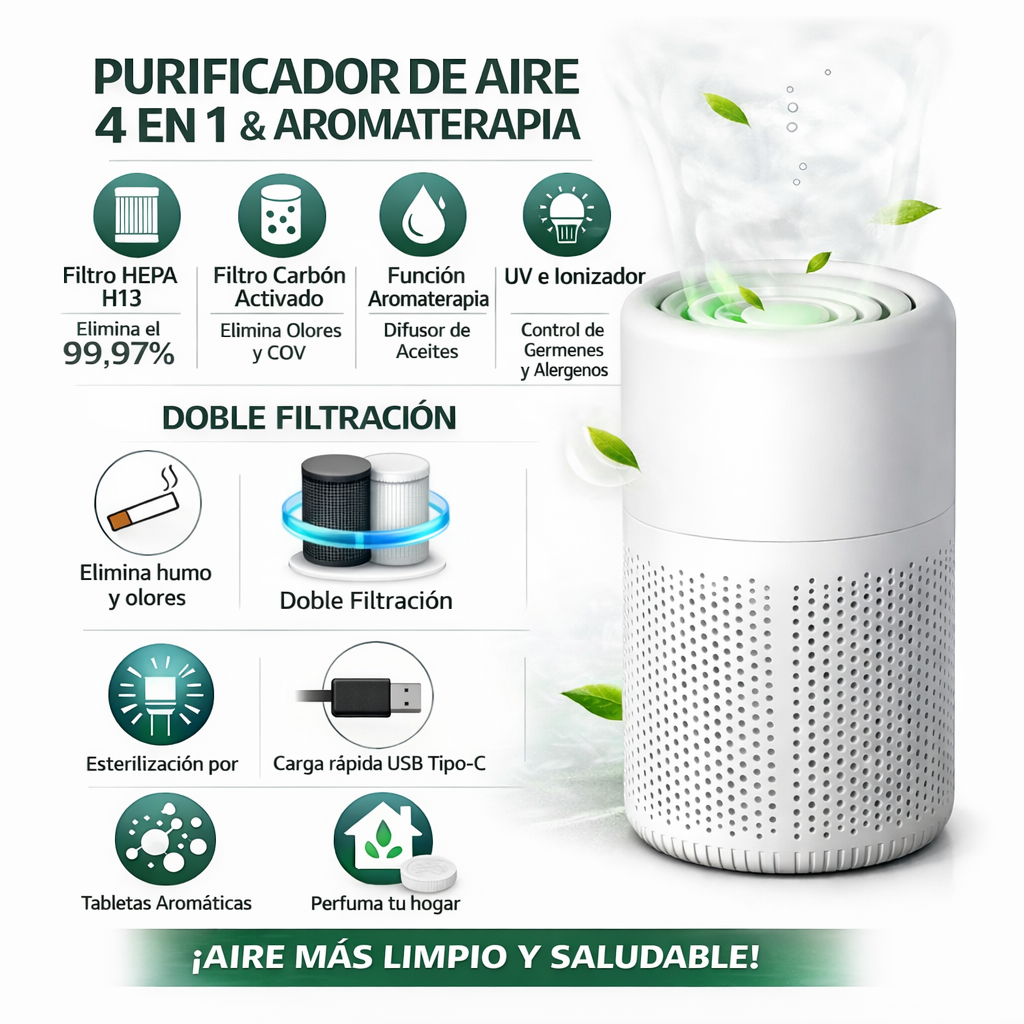 Purificador de Aire con Filtro HEPA. Filtración de 3 Etapas. Funcionamiento silencioso. Alcance hasta 50M3