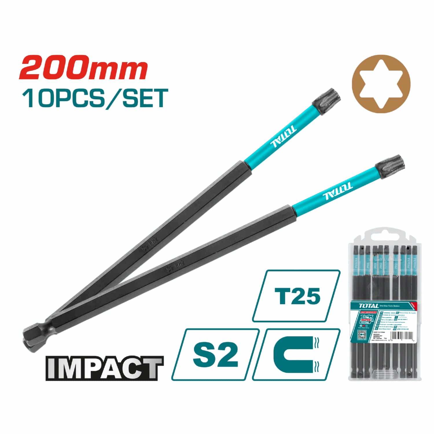 Puntas de Destornillador de Impacto S2 200mm Set de 10 pzas. Magnético. Tipo Torx T25