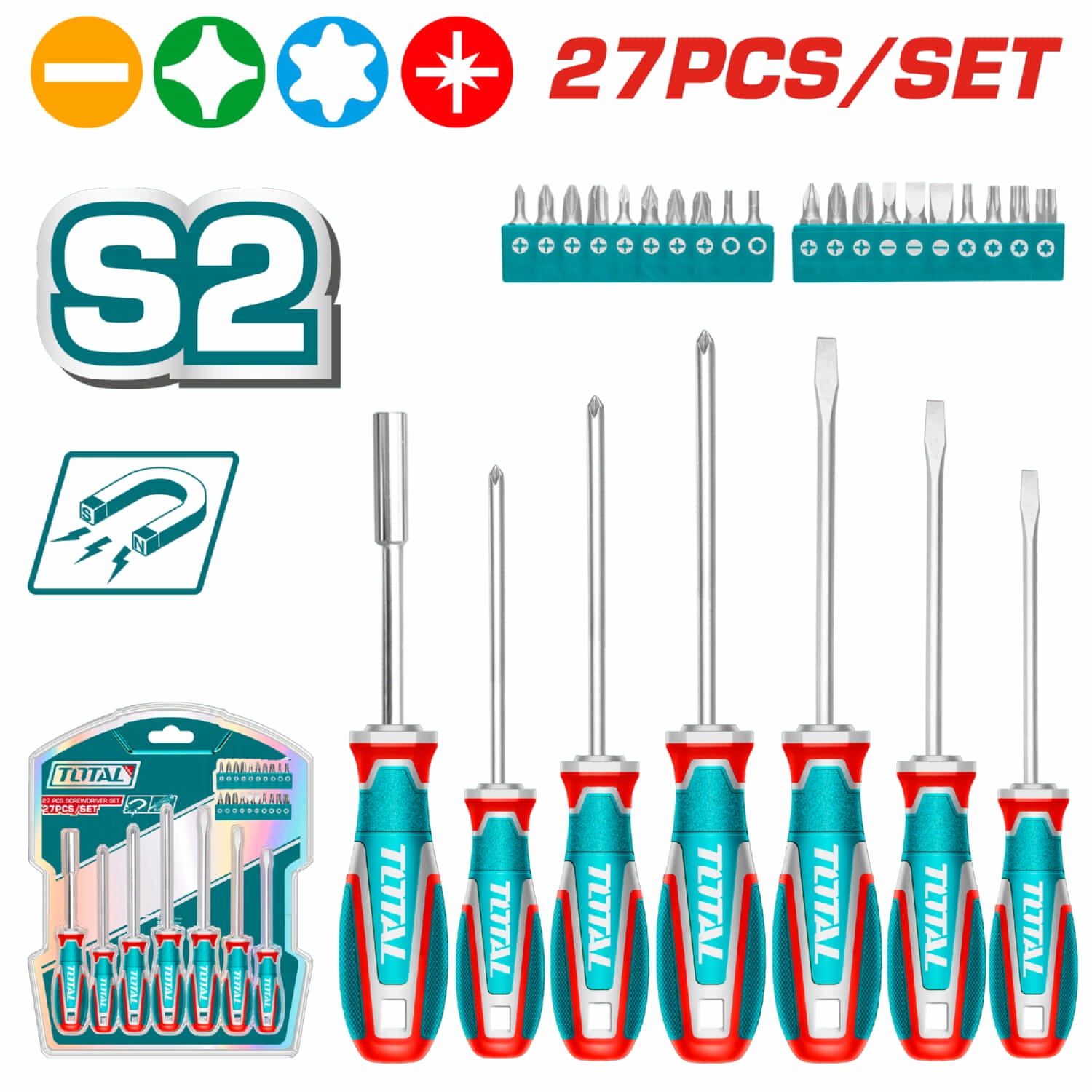 Combo del mes Total Destornilladores Variados Set de 27 piezas Puntas: Plana, Phillips, Hexagonal, Torx POCAS UNIDADES.