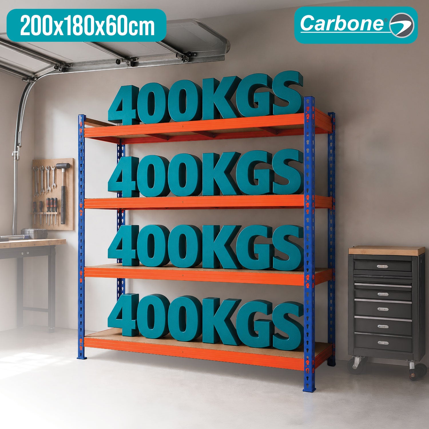 Estantería Metálica Industrial de 4 Niveles (200x180x60cm). Estante Rack de Almacenamiento Reforzado con Capacidad de 400Kg por Nivel.