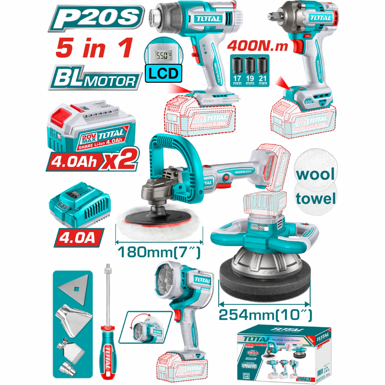 Super Combo Total 20V Pulidora Inalámbrica 7” Pulidora Orbital 10” Llave de Impacto 1/2" 400Nm Motor sin escobillas. Pistola de Calor 30–550 °C Lámpara 22.5W COMBOS POCAS UNIDADES