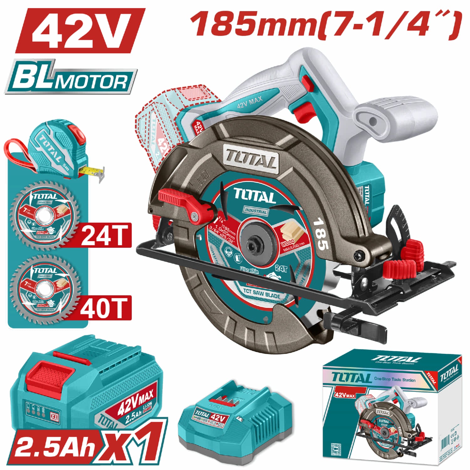 Sierra Circular 42V Disco 7-1/4'' (185mm) Motor sin Escobillas. 4800rpm Corte 45°-45 mm y 90°- 65 mm. Incluye Batería, cargador y accesorios.