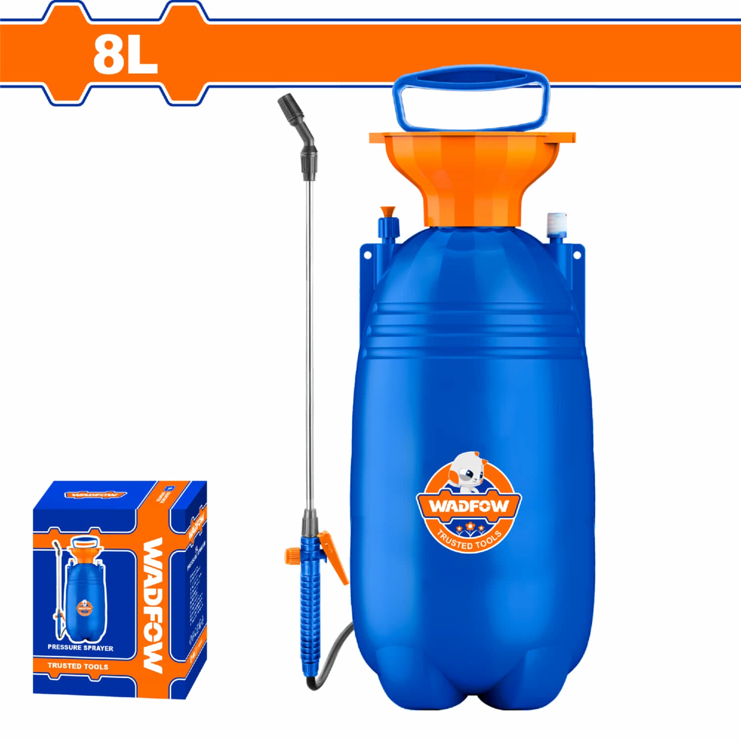 Rociador spray a presión 8L Presión 2.5 Bar Manguera flexible de 1.2m. Gatillo de encendido. Incluye lanza y boquilla. Fumigador Manual.