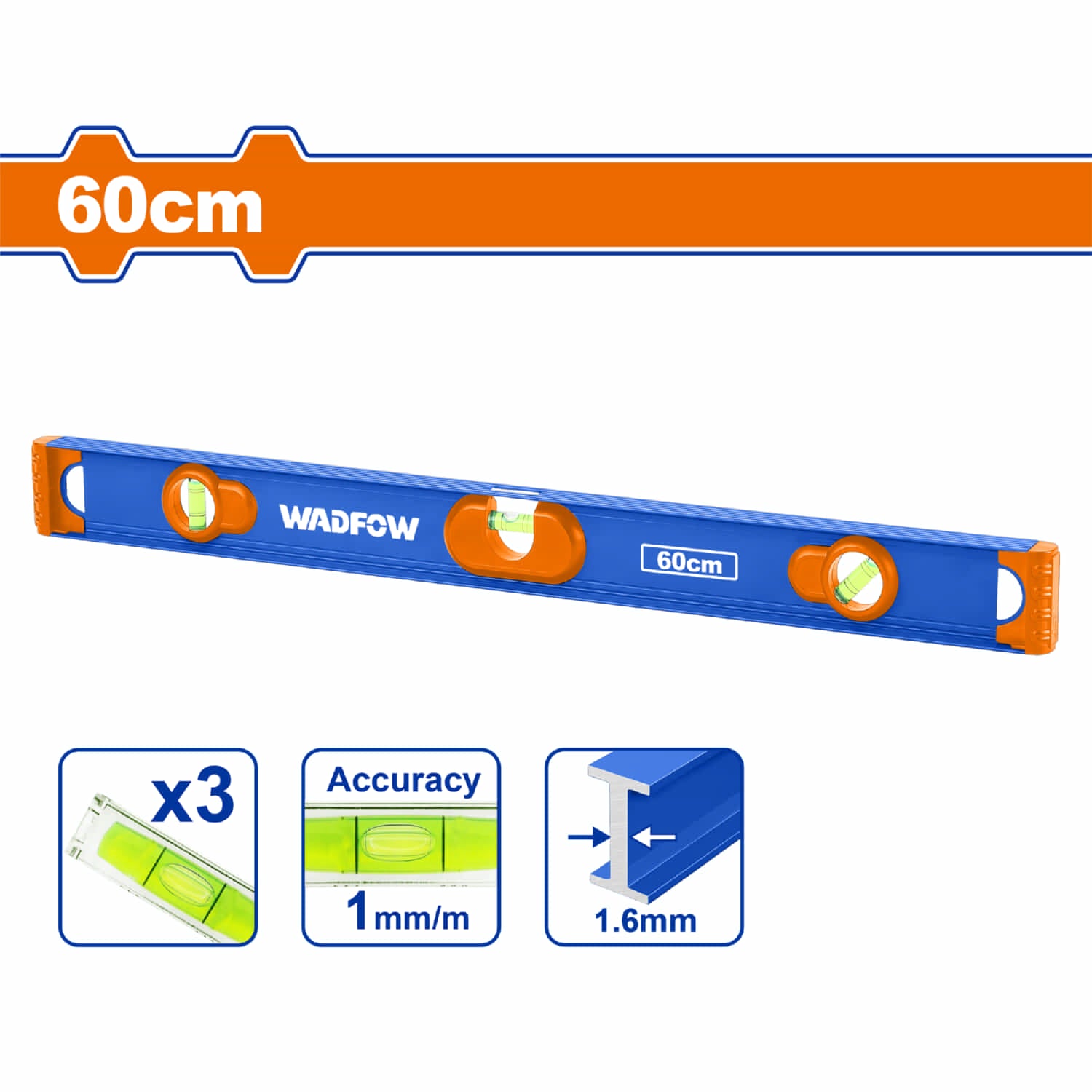 Nivel de Burbuja 60cm. Aluminio. Espesor: 1.6mm. Con imán. 3 niveles. 90° 180° 45°