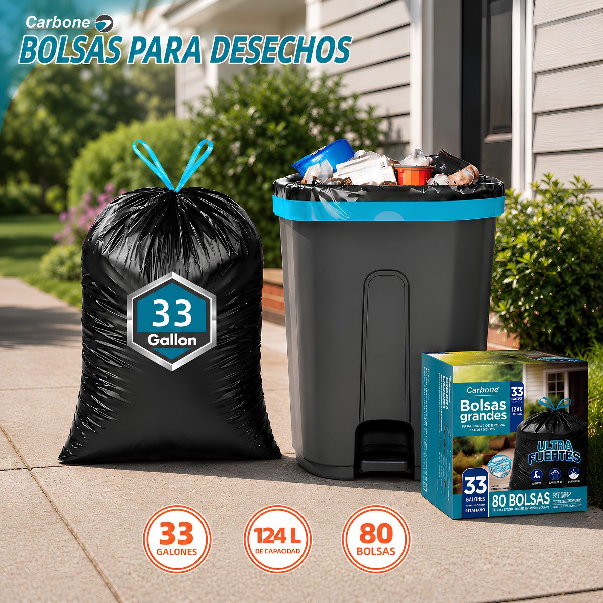 Bolsas de Basura Resistentes 33 Galones (124L), 80 Unidades. Cartuchos Tipo Industrial con cierre de cordon (83.8x92.7cm x 27.9um). Color Negro