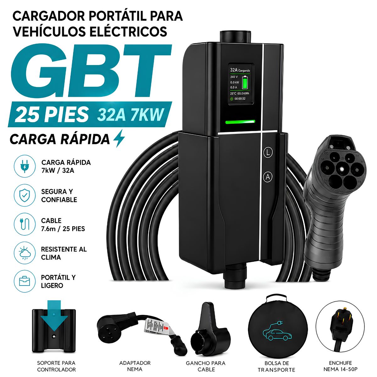 Cargador Para Vehículos Eléctricos GBT Chino 110V-240V 7KW 32A. Estación De Carga EV Con Pantalla LCD, Corriente Ajustable Y Cable De 7.5 M.