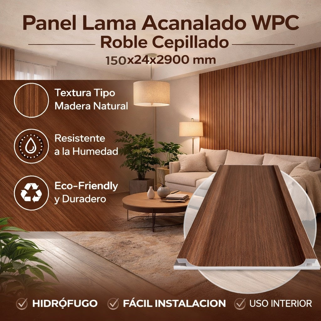 Panel Lama Acanalado WPC Roble Cepillado Big 150x24x2900 mm | Revestimiento Interior Hidrófugo para Muros y Techos