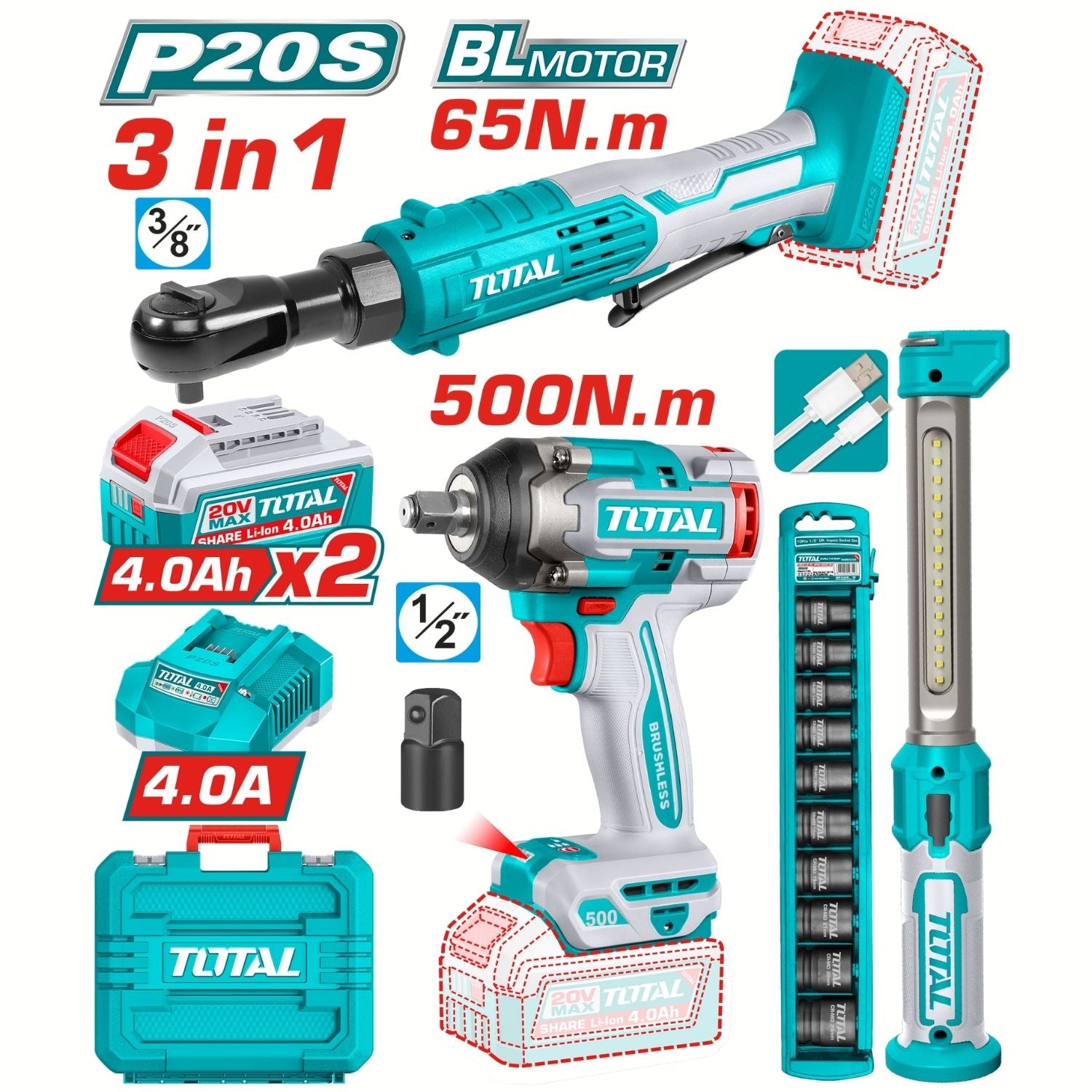 Combo del mes Total 20V Llave de Impacto Inalámbrica 500Nm , Ratchet de Conducción Inalámbrico 65Nm y Lampára de Trabajo 3.5W POCAS UNIDADES