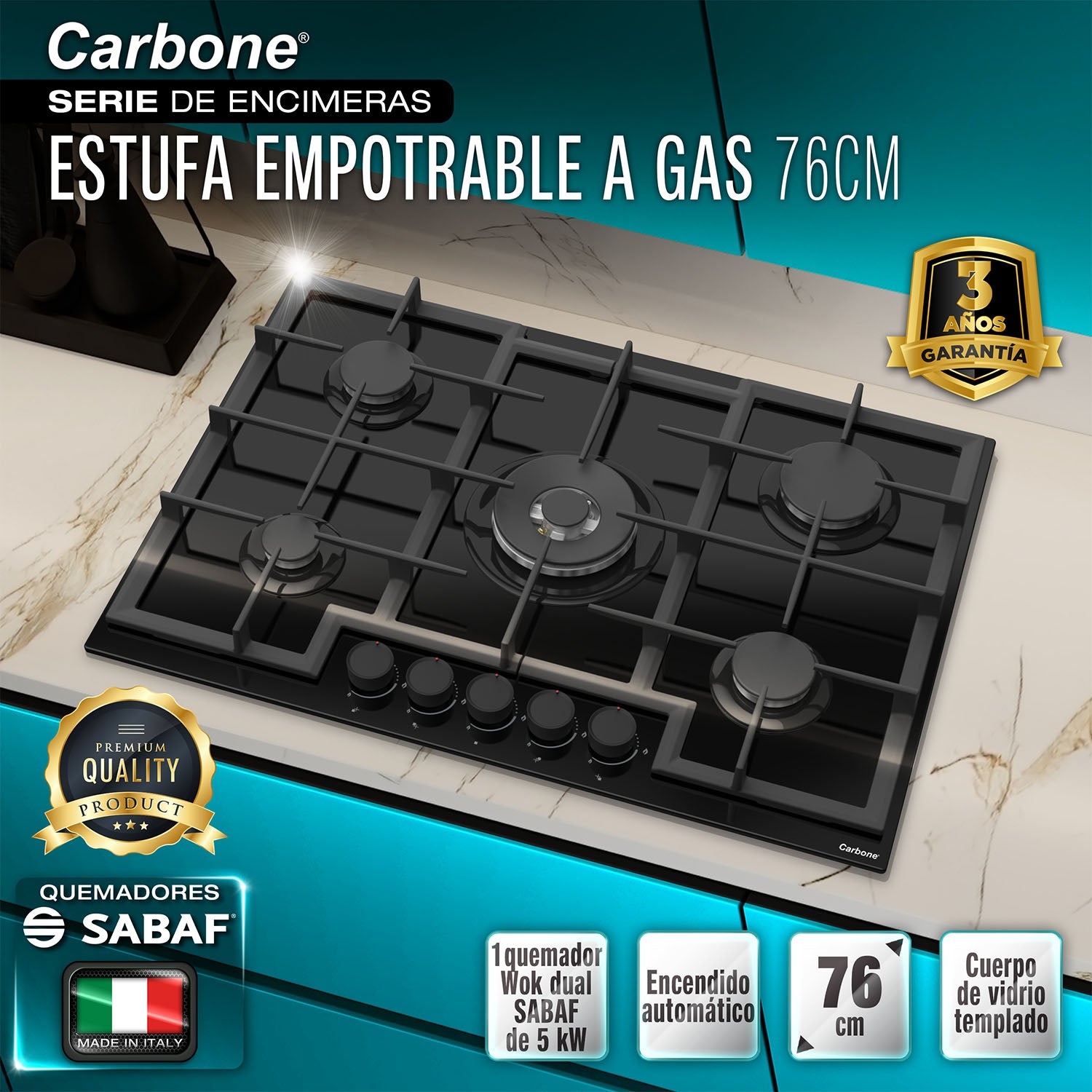 Estufa Empotrable 75 cm BL Vidrio Templado Negro, 5 Quemadores SABAF + Wok 5kW, 110V