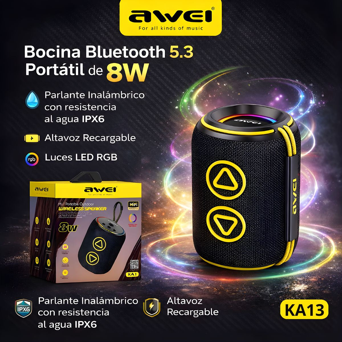 Bocina Bluetooth 5.3 Portátil de 8W. Parlante Inalámbrico con resistencia al agua IPX6. Altavoz Recargable con luces RGB.