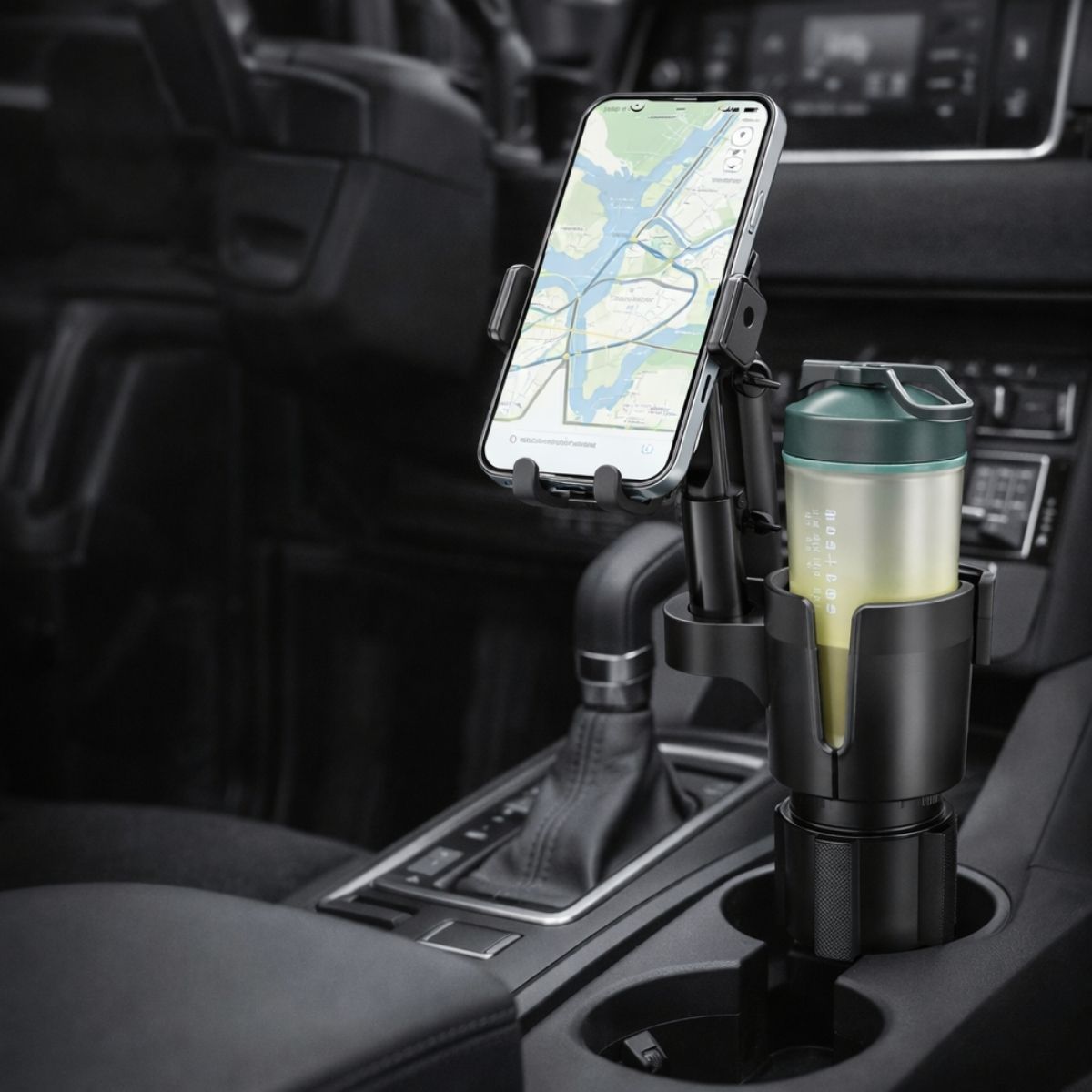 Soporte para Celular 2 en 1 para Portavasos de Auto, Brazo Ajustable Antivibración y Rotación 360°, Compatible con Smartphones 4”–7.2” y Vasos hasta 3.9”
